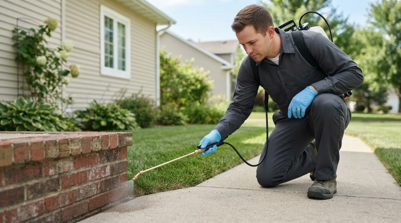 Pest control technician treating a home near Cataumet, MA